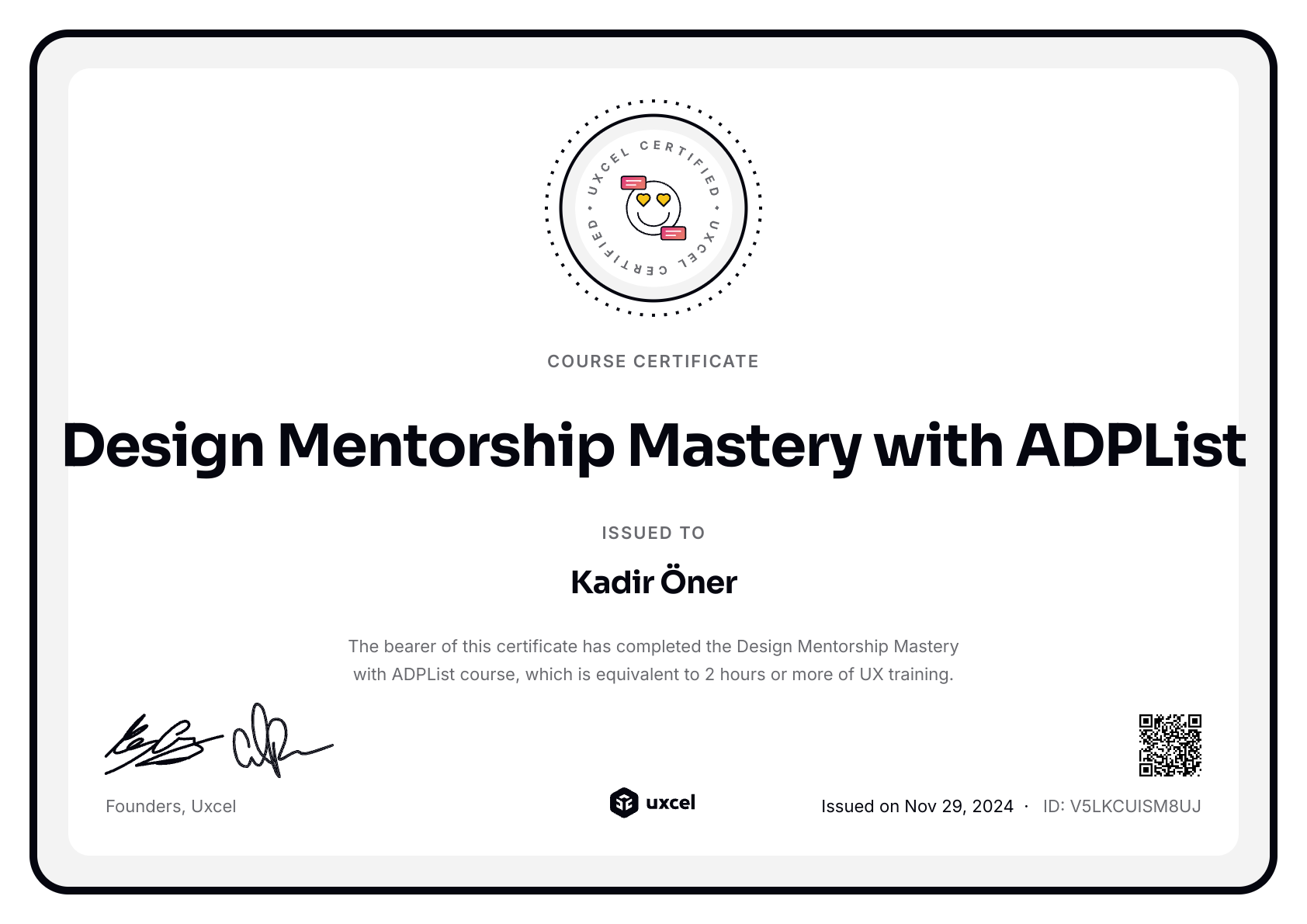 Kadir Öner's certificate